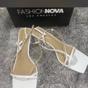 Fashion Nova White Strappy Square-Toe Heeled Sandals